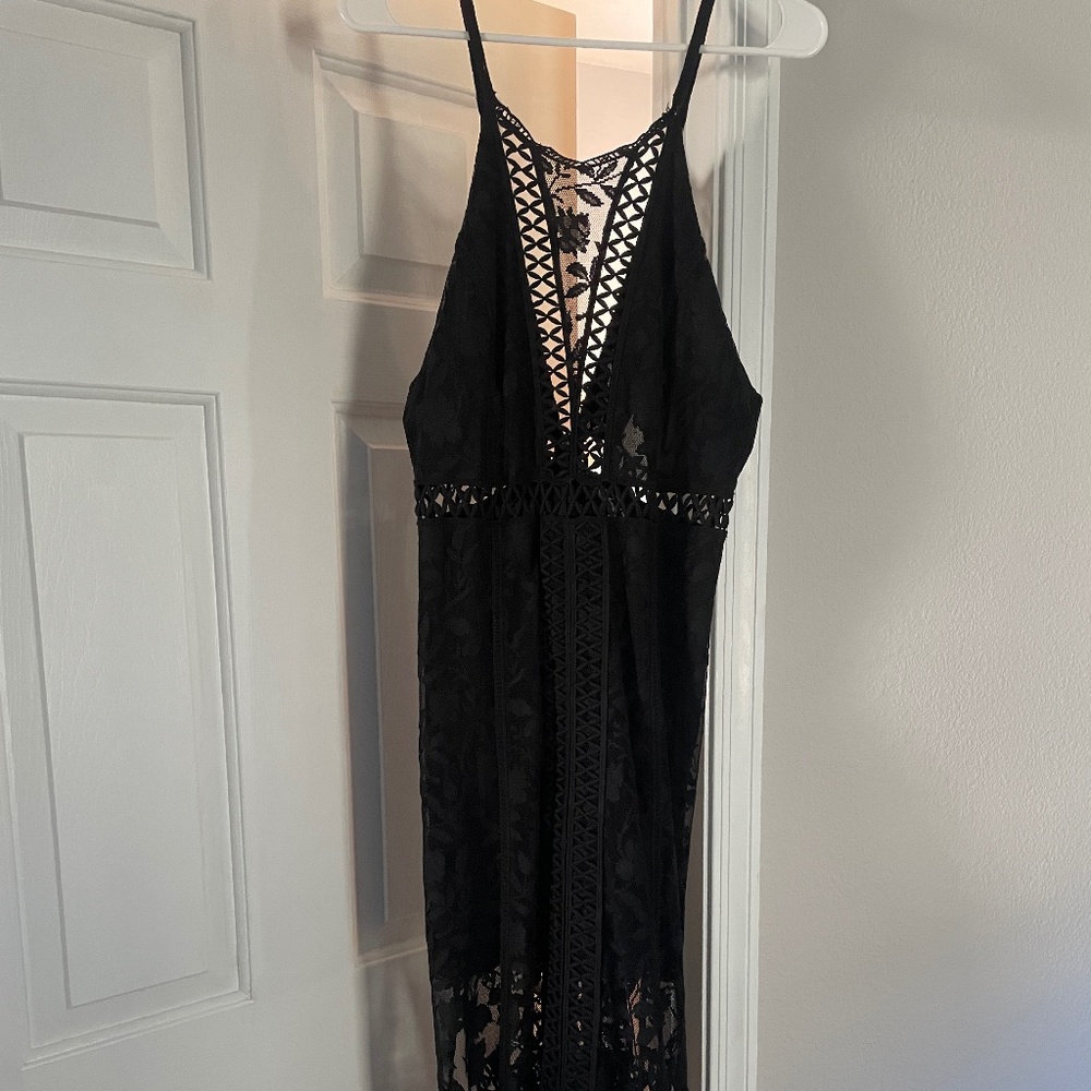 Free People Midi Dress Cutout Detail Mesh and Lace Overlay Size 8
